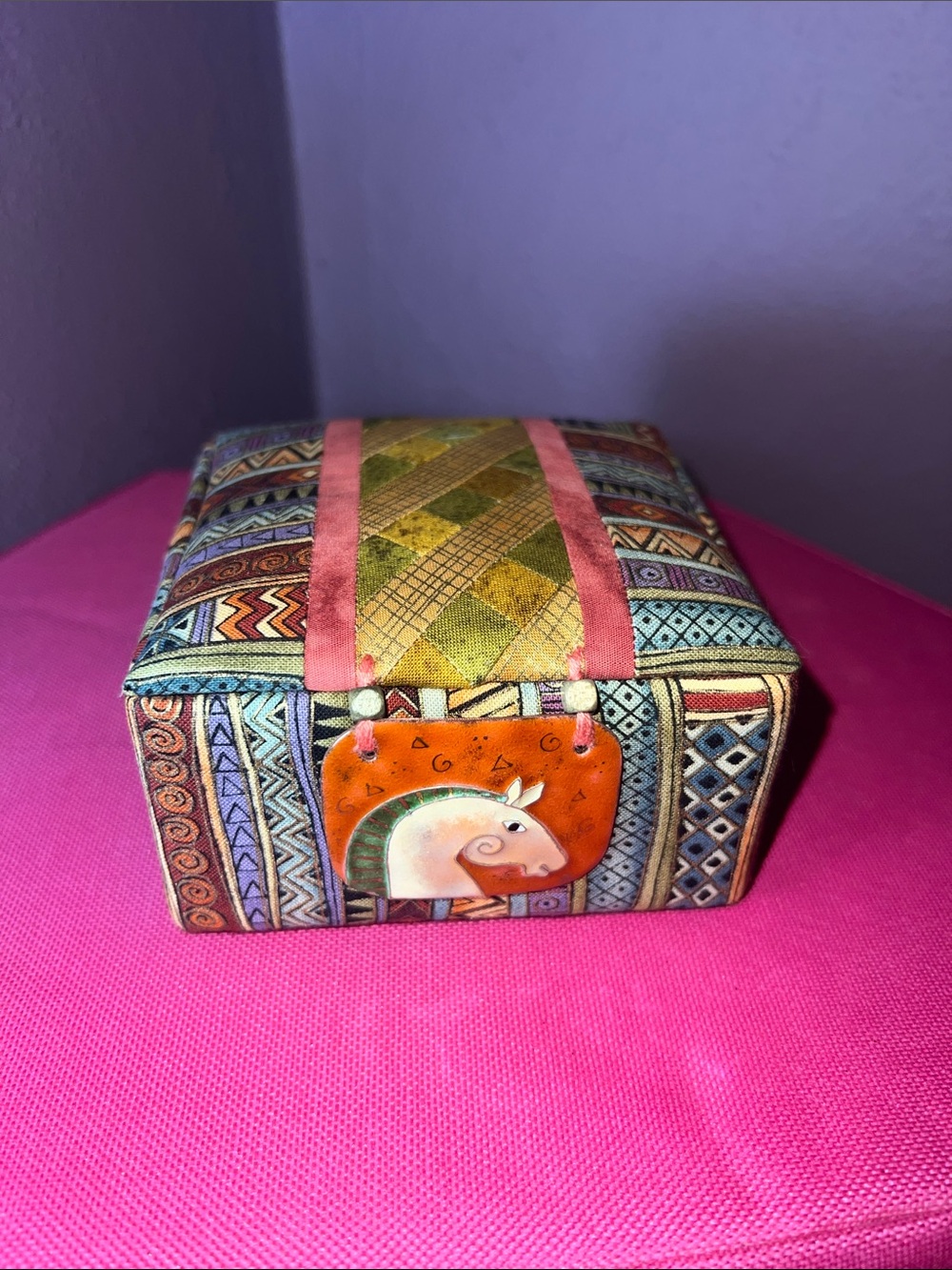 Handmade Decorative Multicolor Fabric Jewelry Box with Horse Motif